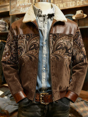 Men's Retro Western Style Print Casual Wool-Neck Lapel Zipper Jacket
