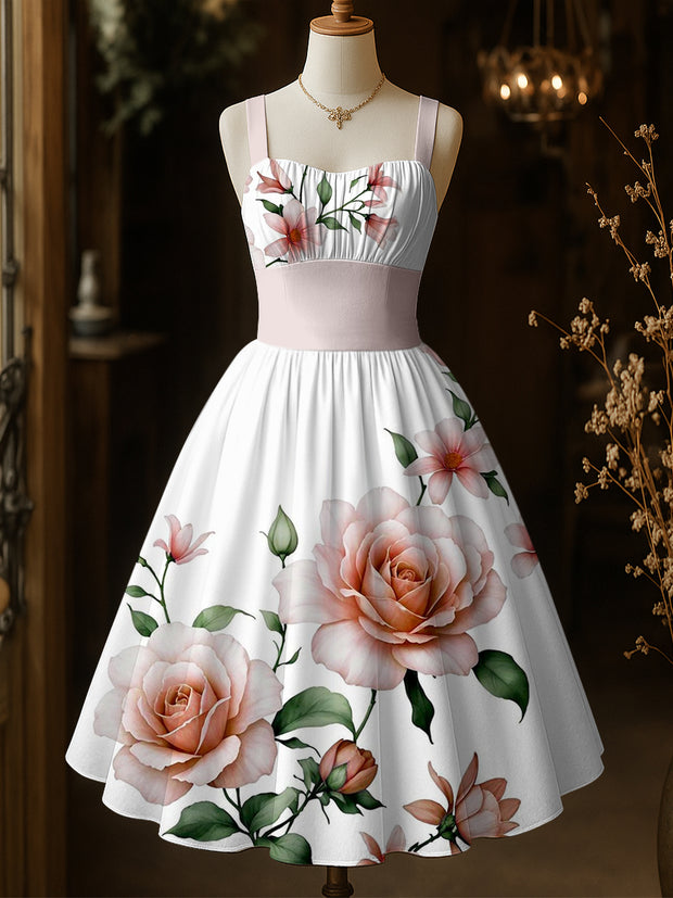 Retro Floral Art Printed Vintage Chic Pleated Waist Slip Midi Dress