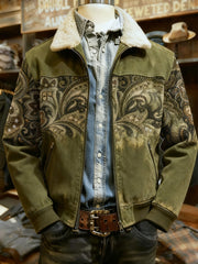 Men's Retro Western Style Print Casual Wool-Neck Lapel Zipper Jacket