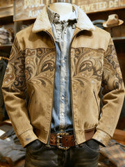 Men's Retro Western Style Print Casual Wool-Neck Lapel Zipper Jacket