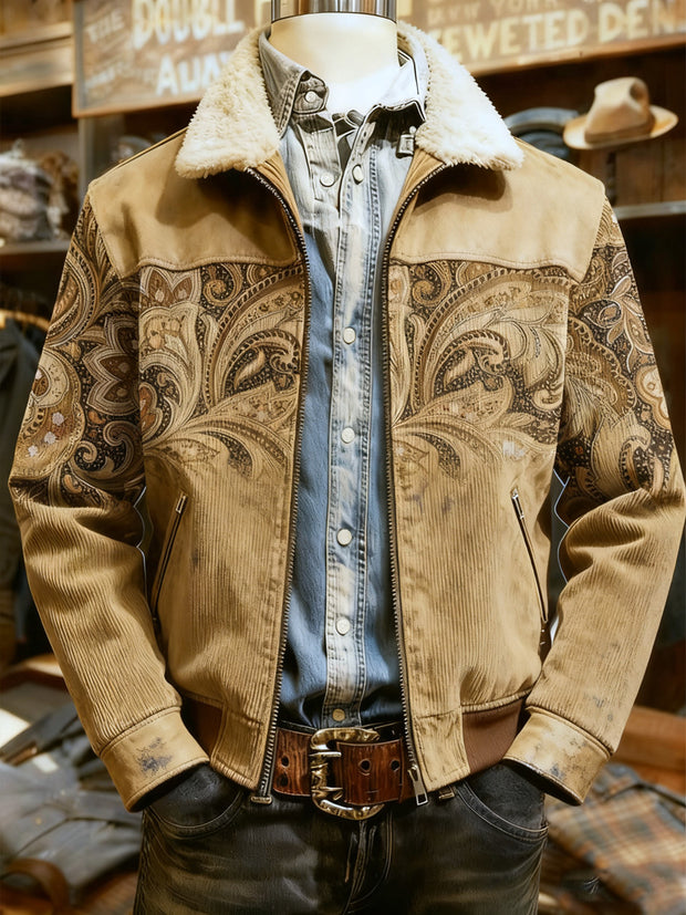 Men's Retro Western Style Print Casual Wool-Neck Lapel Zipper Jacket