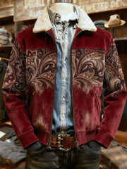 Men's Retro Western Style Print Casual Wool-Neck Lapel Zipper Jacket