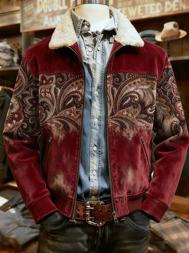 Men's Retro Western Style Print Casual Wool-Neck Lapel Zipper Jacket