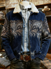 Men's Retro Western Style Print Casual Wool-Neck Lapel Zipper Jacket