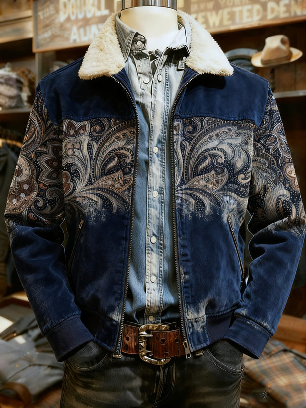 Men's Retro Western Style Print Casual Wool-Neck Lapel Zipper Jacket