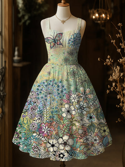 Retro Floral Art Printed Vintage Chic Pleated Waist Slip Midi Dress