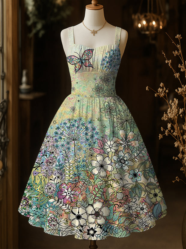 Retro Floral Art Printed Vintage Chic Pleated Waist Slip Midi Dress