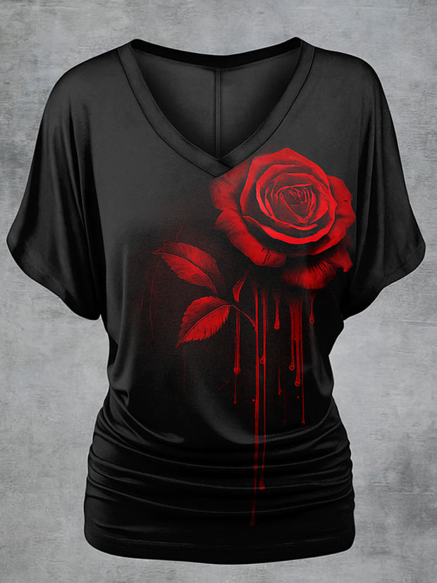 Retro Happy Halloween Floral Printed Vintage Lapel V-Neck Vintage Relaxed Loose Batwing Sleeve Top