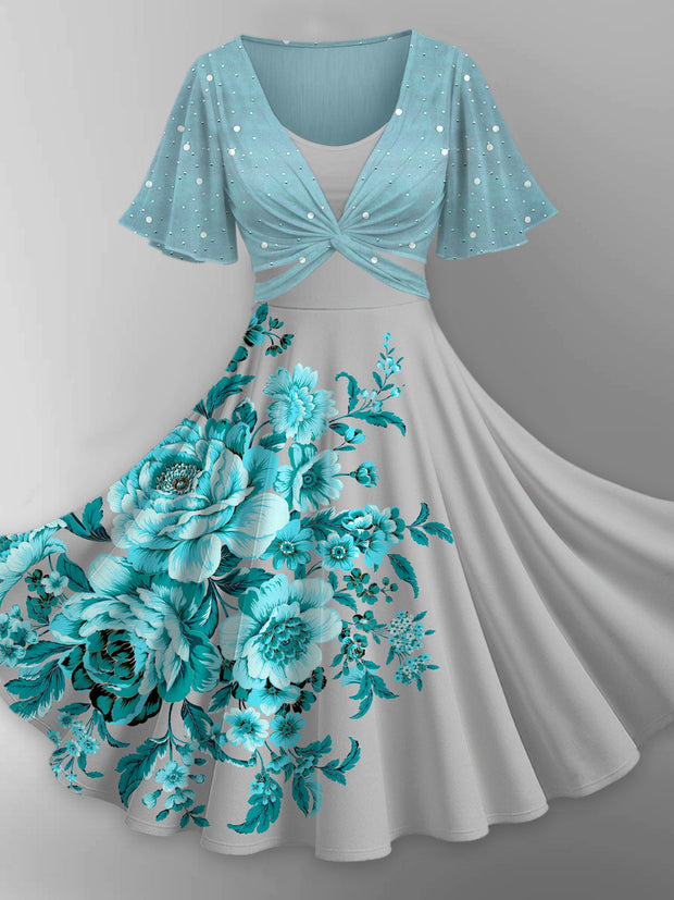 Retro Floral Art Printed Vintage Cross Fold Short Sleeve Two-Piece Midi Dress