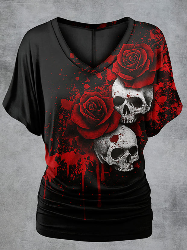 Retro Happy Halloween Floral Printed Vintage Lapel V-Neck Vintage Relaxed Loose Batwing Sleeve Top