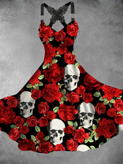 Halloween Gothic Skull Floral Art Print Vintage V-Neck Midi Dress