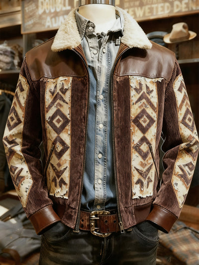 Men's Retro Western Style Print Casual Wool-Neck Lapel Zipper Jacket