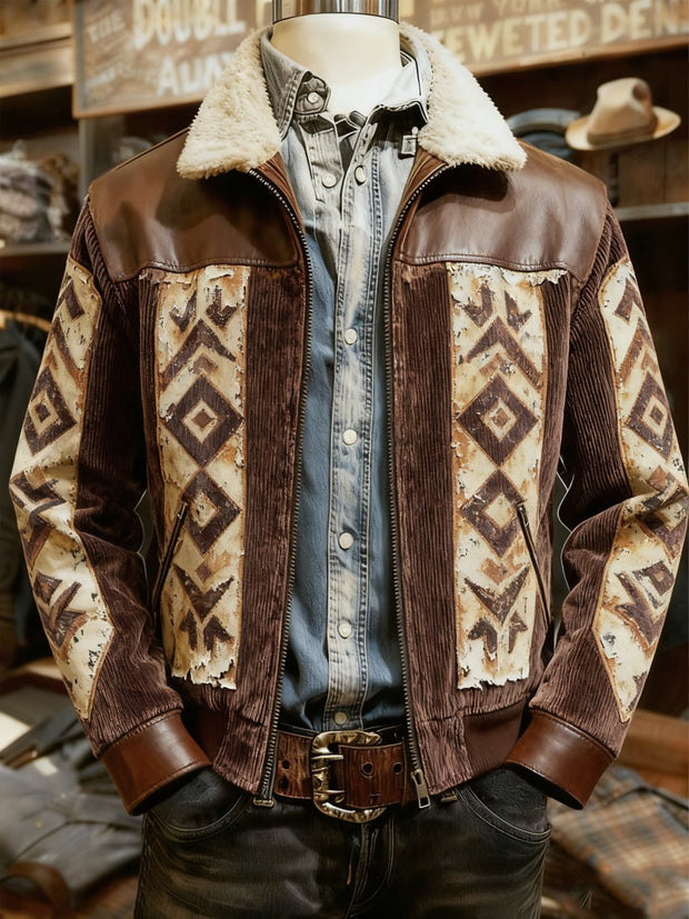 Men's Retro Western Style Print Casual Wool-Neck Lapel Zipper Jacket