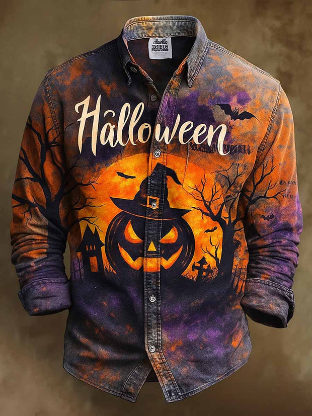 Retro Halloween Gothic Art Abstract Printed Cotton Vintage Casual Cotton Long Sleeve Shirt