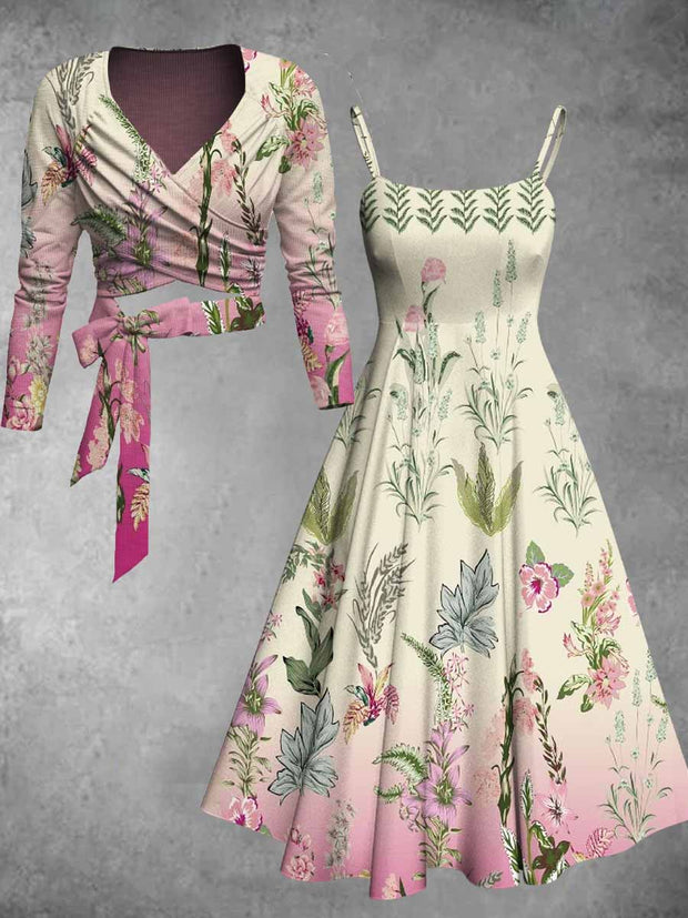 Retro Floral Art Printed Vintage Unique Slim Fit Cross Wrap Long Sleeve Two-Piece Midi Dress