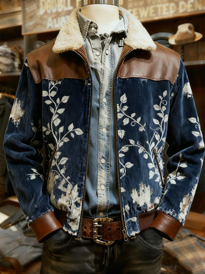 Men's Retro Western Style Print Casual Wool-Neck Lapel Zipper Jacket