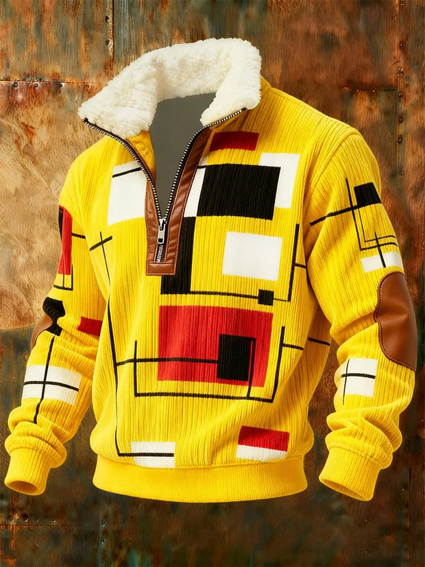 Herren Retro-Sweatshirt mit geometrischem Viertelreißverschluss und Fleece-Ausschnitt