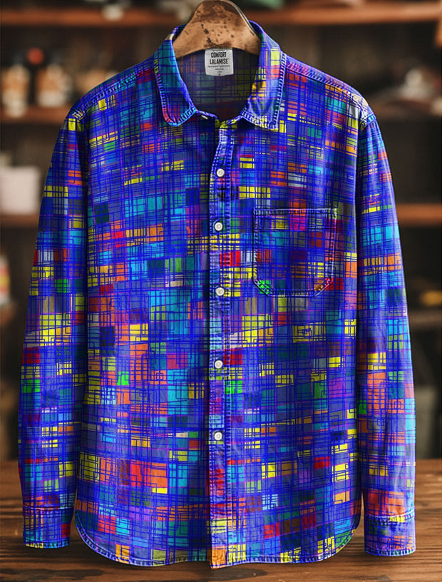 Colorful Geometric Square Checkered Decorative Pattern 100% Cotton Casual Long Sleeved Denim Shirt