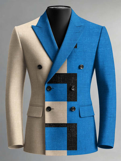 Retro Colorblock Plaid Art Print Double Breasted Blazer