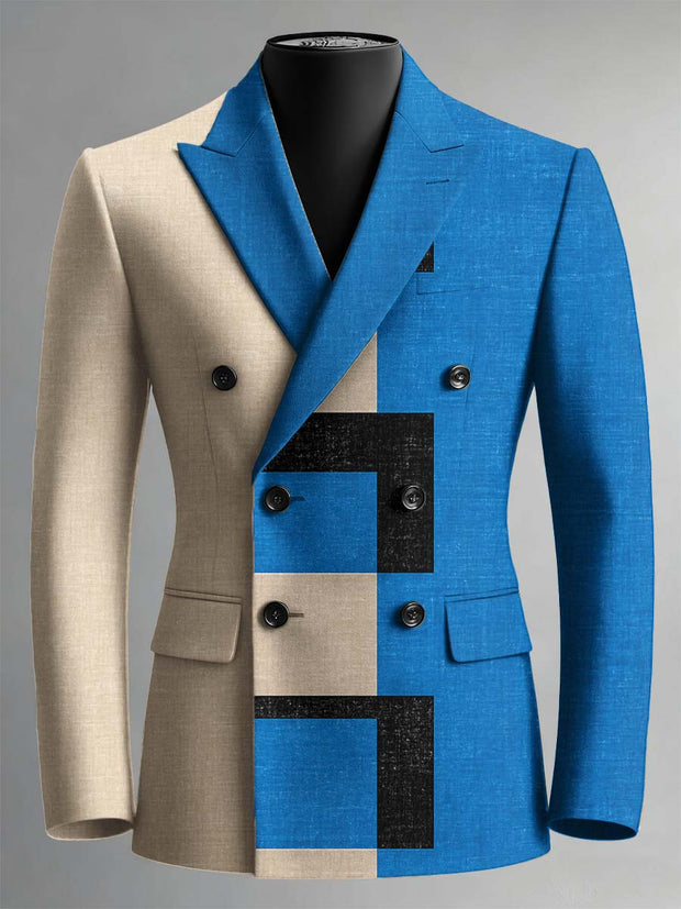 Retro Colorblock Plaid Art Print Double Breasted Blazer