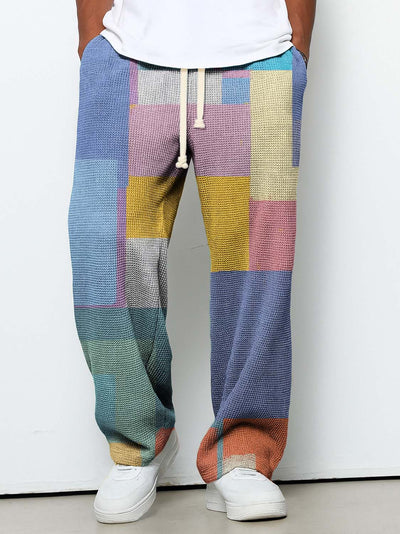 Men's Casual Checkered Color Blocking Art Print Texture Pants