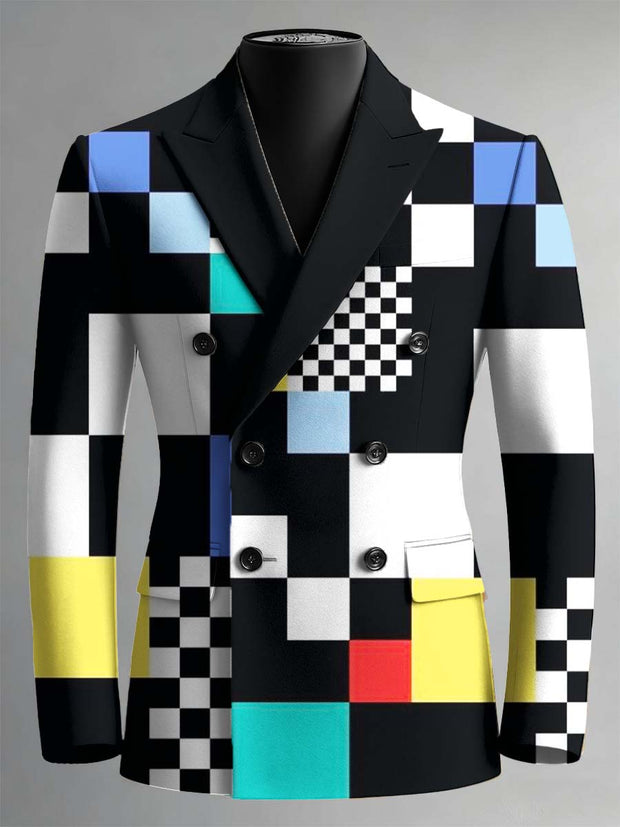 Multicolor Plaid Art Print Double Breasted Blazer