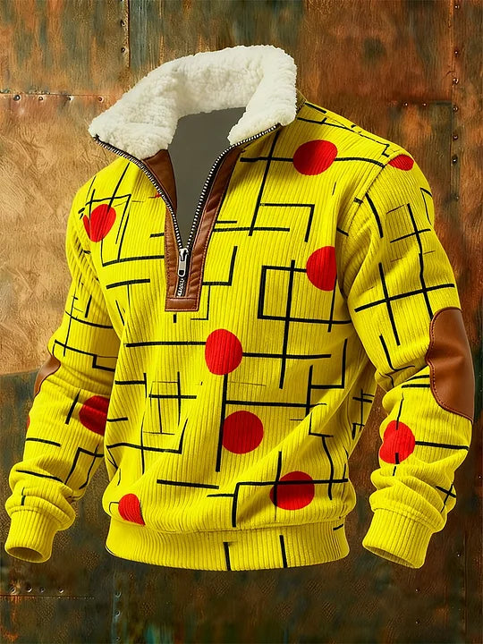 Herren Retro-Sweatshirt mit geometrischem Viertelreißverschluss und Fleece-Ausschnitt